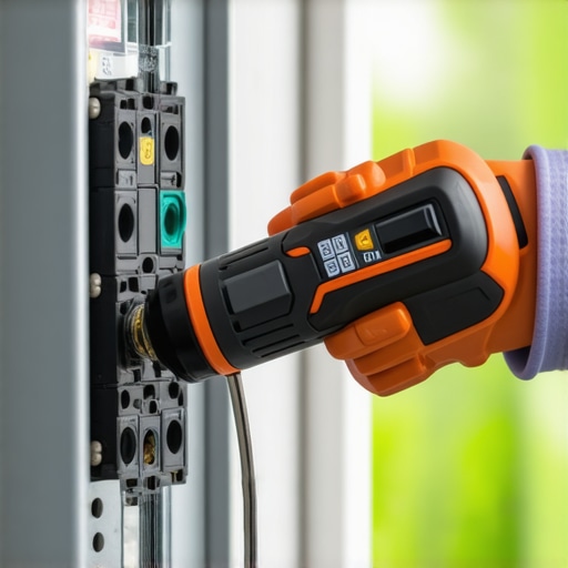 Electrician tightening an EV charger circuit breaker with a torque screwdriver.