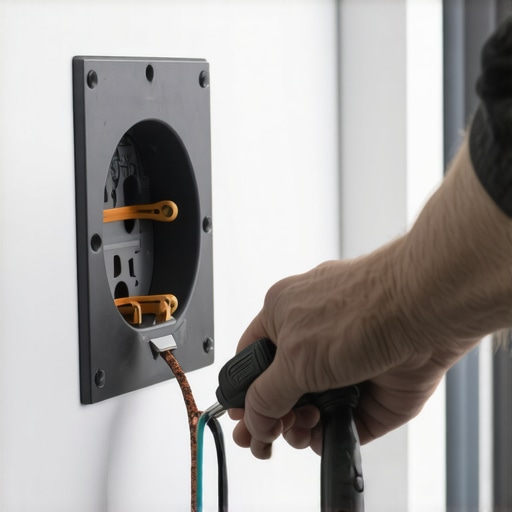 Electrician using a torque screwdriver on an EV outlet to prevent electrical fires.