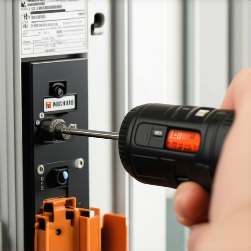 An electrician using a digital torque screwdriver to secure wires in a breaker panel for an EV charging circuit.
