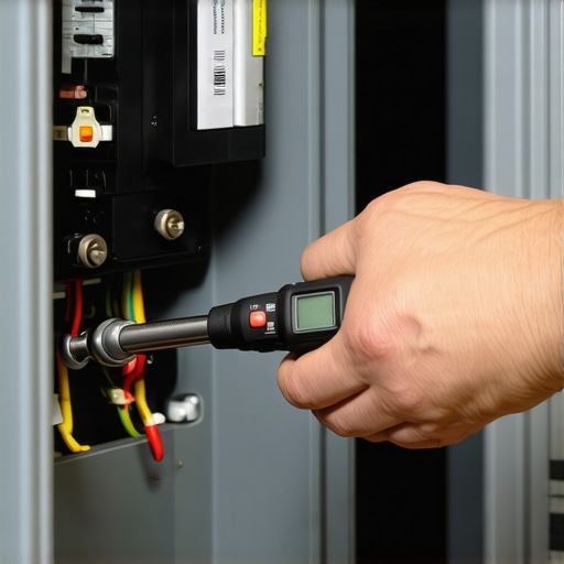 Professional electrician using a torque wrench on an EV charger breaker inside a panel