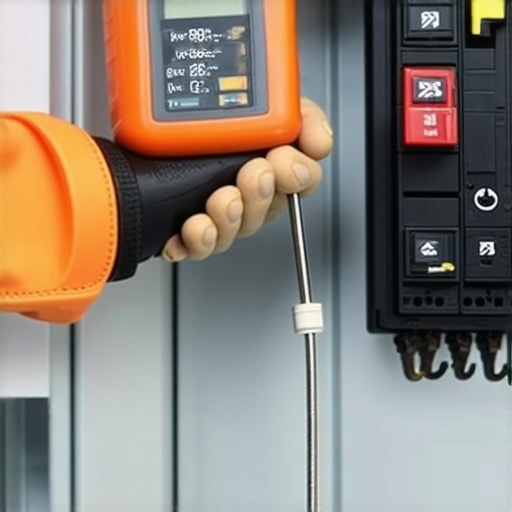 Electrician using a digital torque tool on an EV charger circuit breaker to ensure safety.