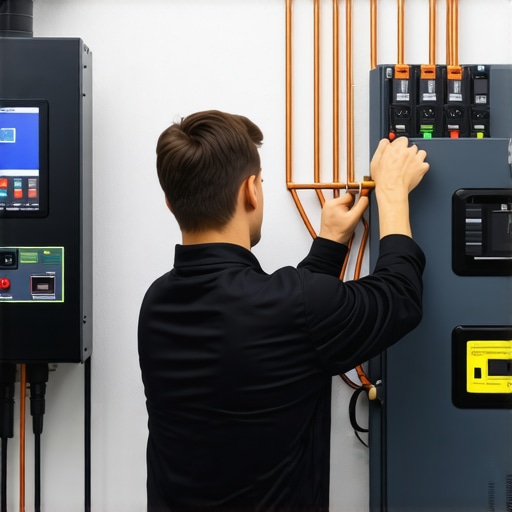 Professional Bi-directional EV Charger Installation An electrician installing a bi-directional charger and transfer switch in a garage.
