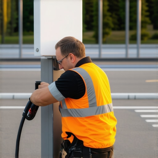 Professional Commercial EV Charger Installation Electrician installing a cellular antenna on an EV charging pedestal for improved connectivity.