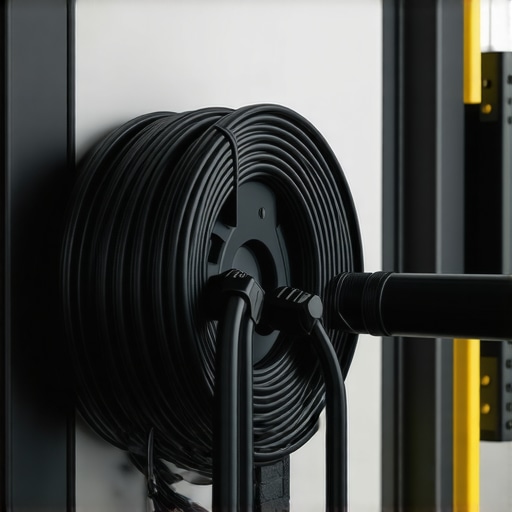 A high-quality EV cable retractor installed on a garage wall to prevent trip hazards.