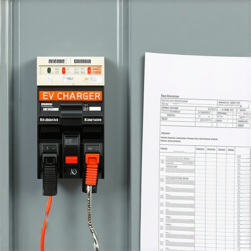 An electrical panel showing a dedicated EV charger breaker and a load calculation document for tax credit documentation.