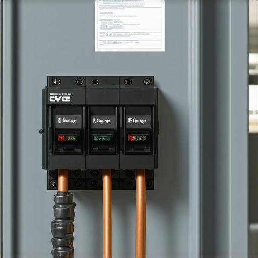A detailed view of a 50-amp breaker installed in a home electrical panel for an EV charging station.