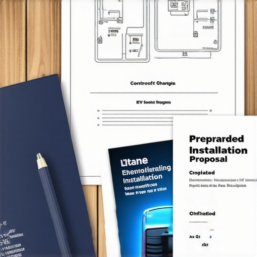 A detailed proposal folder for an EV charger installation sitting on a table to show preparation for a landlord meeting.
