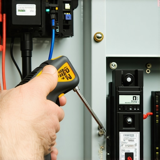 Close-up of a torque wrench and infrared thermometer being used for EV charger panel maintenance.