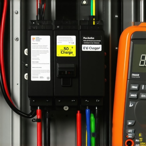Close up of a residential electrical panel with an EV charger circuit being tested by a multimeter