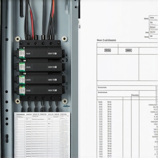 Close up of a home electrical panel and a load calculation worksheet for an EV charger installation.