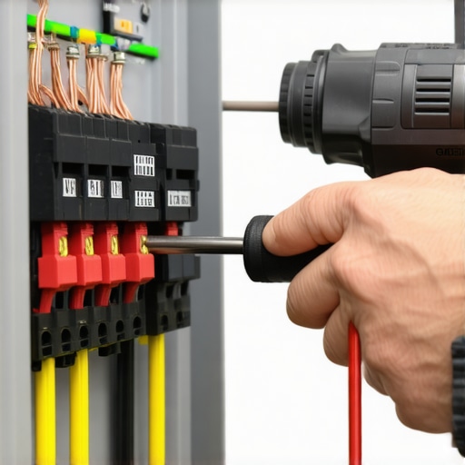 Electrician using a torque wrench on a circuit breaker for an EV charger installation.