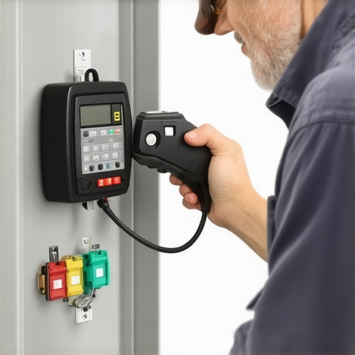 Professional Electrician Performing Torque Test Close-up of a digital torque wrench tightening an EV charger breaker connection.