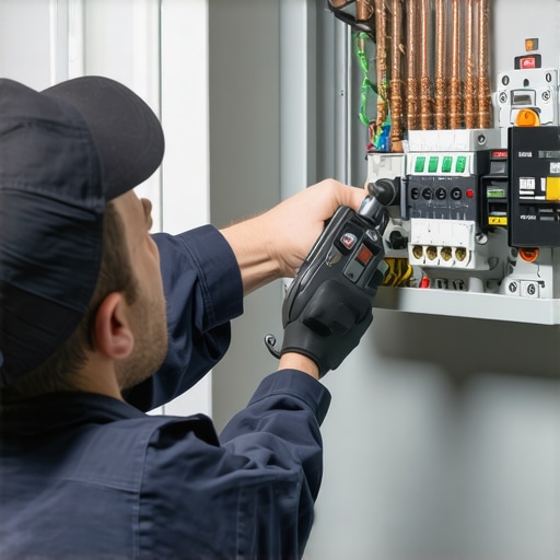 Electrician using a torque wrench to secure wires for an EV charging circuit in a residential panel.