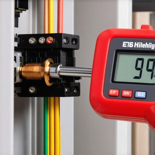 Close-up of electrician using a torque wrench on a circuit breaker to ensure code compliance and safety.