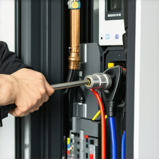 Professional Hardwiring of an EV Charging Station Close-up of an electrician hardwiring an EV charger with a torque wrench for safety.