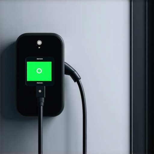 Sleek wall-mounted Level 2 EV charging station with a green status light in a garage.