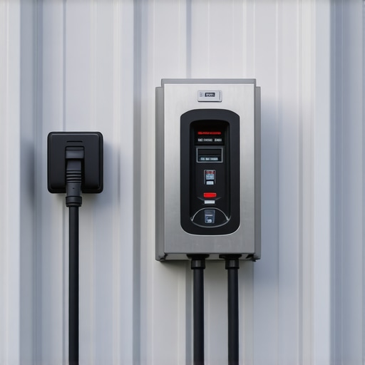 High-quality stainless steel weatherproof housing for an outdoor electric vehicle charging station showing proper cable management.