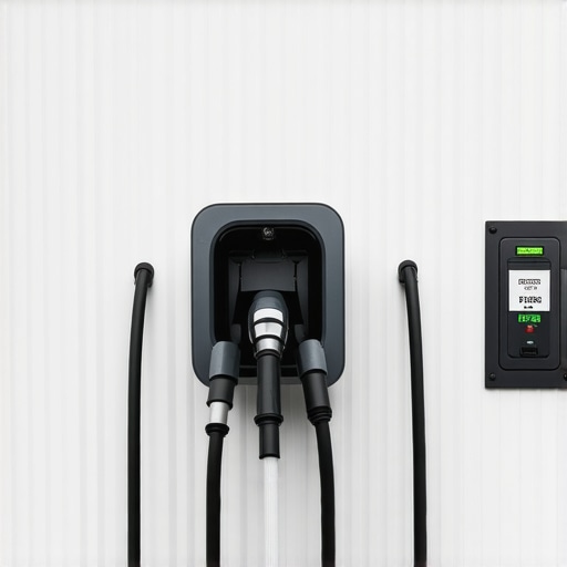 A weatherproofed EV charger with a drip loop and protective shield.