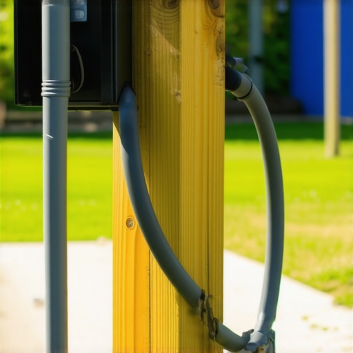 A Level 2 EV charger securely mounted to a wooden post with proper conduit and heavy-duty hardware.