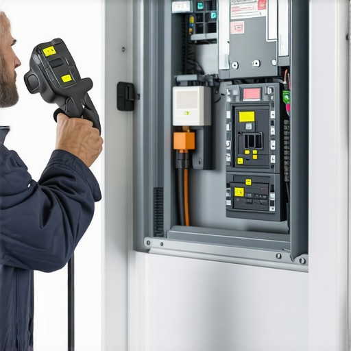 Electrician using thermal camera to check for hot spots in an EV charger breaker panel.