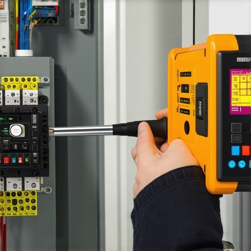 Electrician using a torque wrench and thermal camera to inspect an EV charging circuit in an electrical panel.