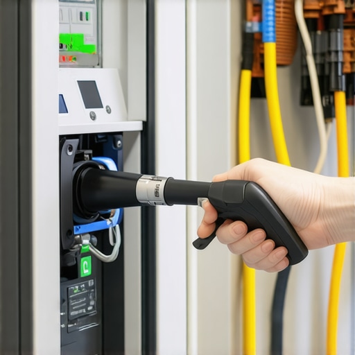 Electrician using a torque wrench on EV charger terminals to prevent overheating.