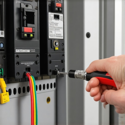 Electrician using a torque screwdriver to secure an EV charger circuit breaker connection.