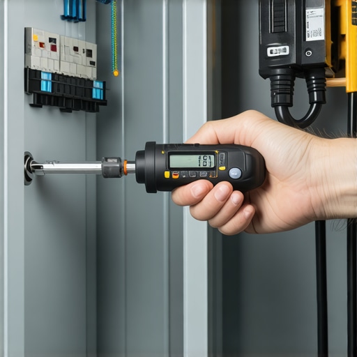 Close up of an electrician using a torque wrench on an electrical panel terminal