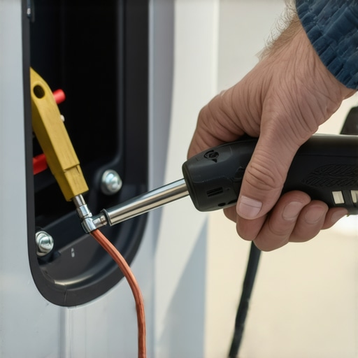 Electrician using a torque wrench on an EV charger to prevent electrical fires.