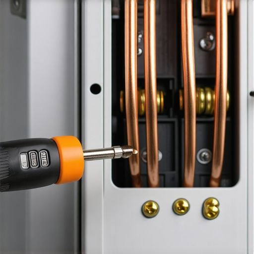 Professional Torque Specification Tool for EV Charger Installation Electrician using a torque screwdriver to secure connections in an electrical panel for an EV charger.