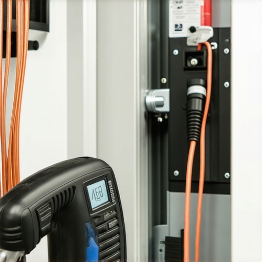 An electrician using a torque wrench to secure connections inside a home EV charging station.
