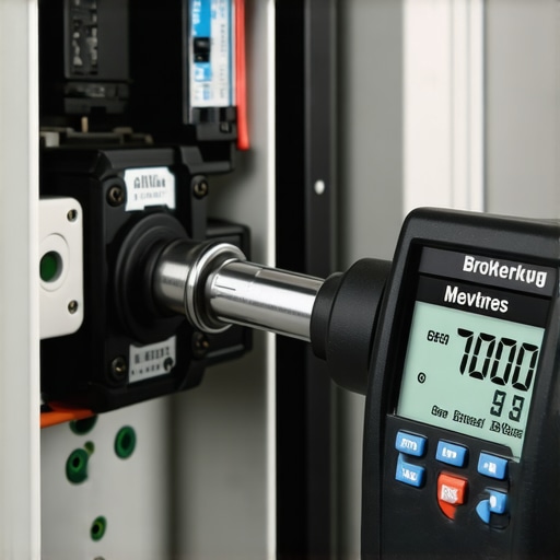Close-up of a digital torque wrench being used on an electrical panel lug for an EV charger.