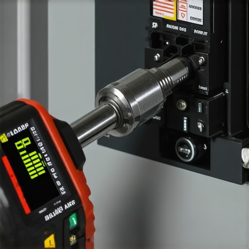 An electrician using a calibrated torque wrench on a 60-amp circuit breaker to ensure NEC code compliance.