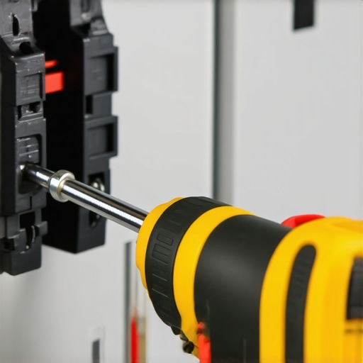A close-up of a torque screwdriver being used on a circuit breaker to ensure code compliance and safety.