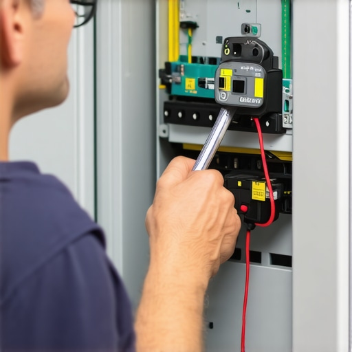 Electrician using a torque wrench on an EV charger circuit breaker to ensure code compliance.