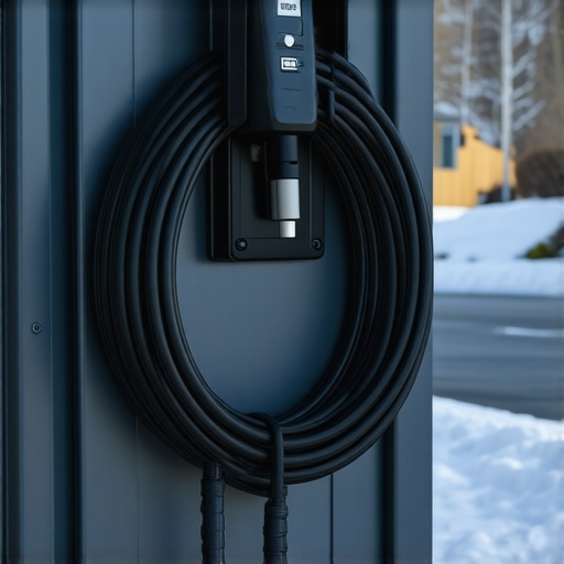An EV charging cable hung on a wall hook to prevent it from freezing to the floor.