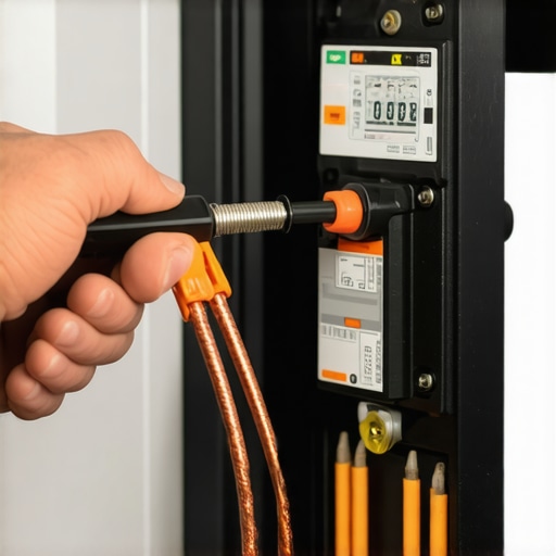 Electrician using a torque wrench on a circuit breaker for an EV charger