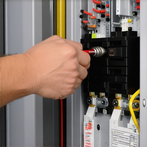 Electrician using a torque screwdriver on a circuit breaker.