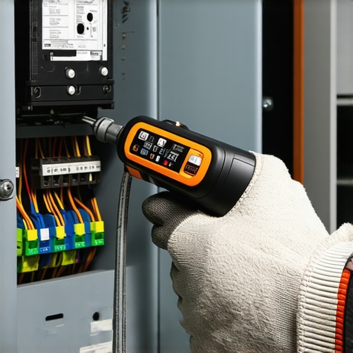 An electrician using a torque wrench to secure an EV charger circuit breaker for safety.