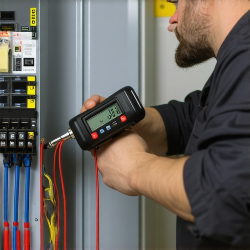 Electrician using a torque wrench on an EV charger circuit breaker to ensure safety and code compliance.