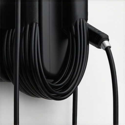 An EV charging cable properly stored on a wall holster to prevent ice damage and tripping hazards during winter.