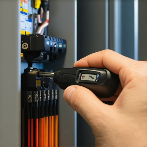 Electrician tightening a breaker with a torque screwdriver