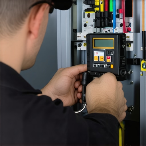 Electrician using torque screwdriver on EV circuit breaker