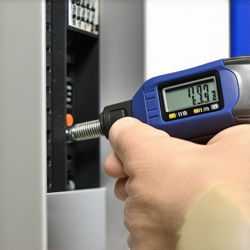 Electrician using a torque wrench on an EV charger circuit breaker.