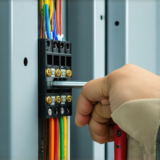 Electrician using a torque wrench on an EV charger circuit breaker to prevent electrical fires.