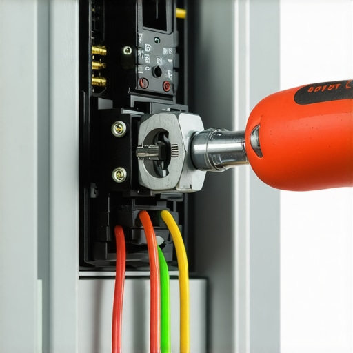 Electrician using a torque wrench on a 50-amp breaker to ensure a secure EV charger installation.