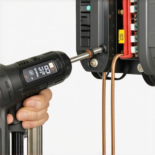 An electrician using a torque screwdriver to secure an EV charger connection to code.