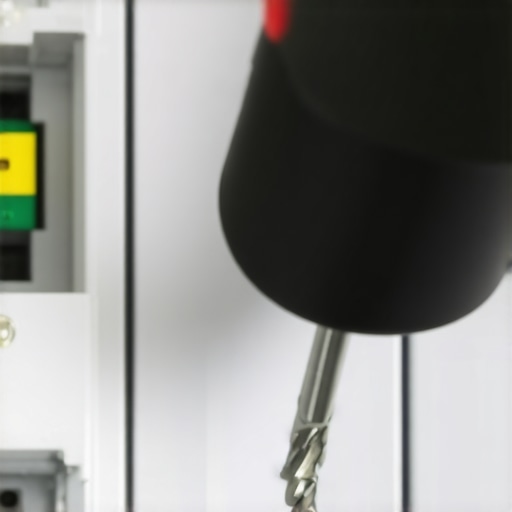 A close-up of an electrician using a torque screwdriver on a 50-amp circuit breaker for an EV charger.
