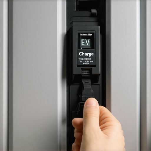 Hand resetting a labeled EV charger circuit breaker in a home electrical panel.