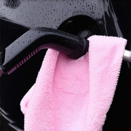 An EV owner uses a microfiber cloth to clean a sticky charging handle after rain.